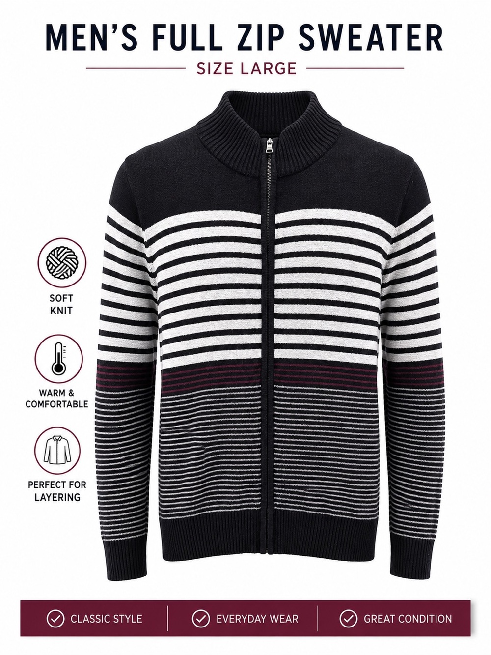 Men's Black Full Zip Striped Sweater - Classic Knit